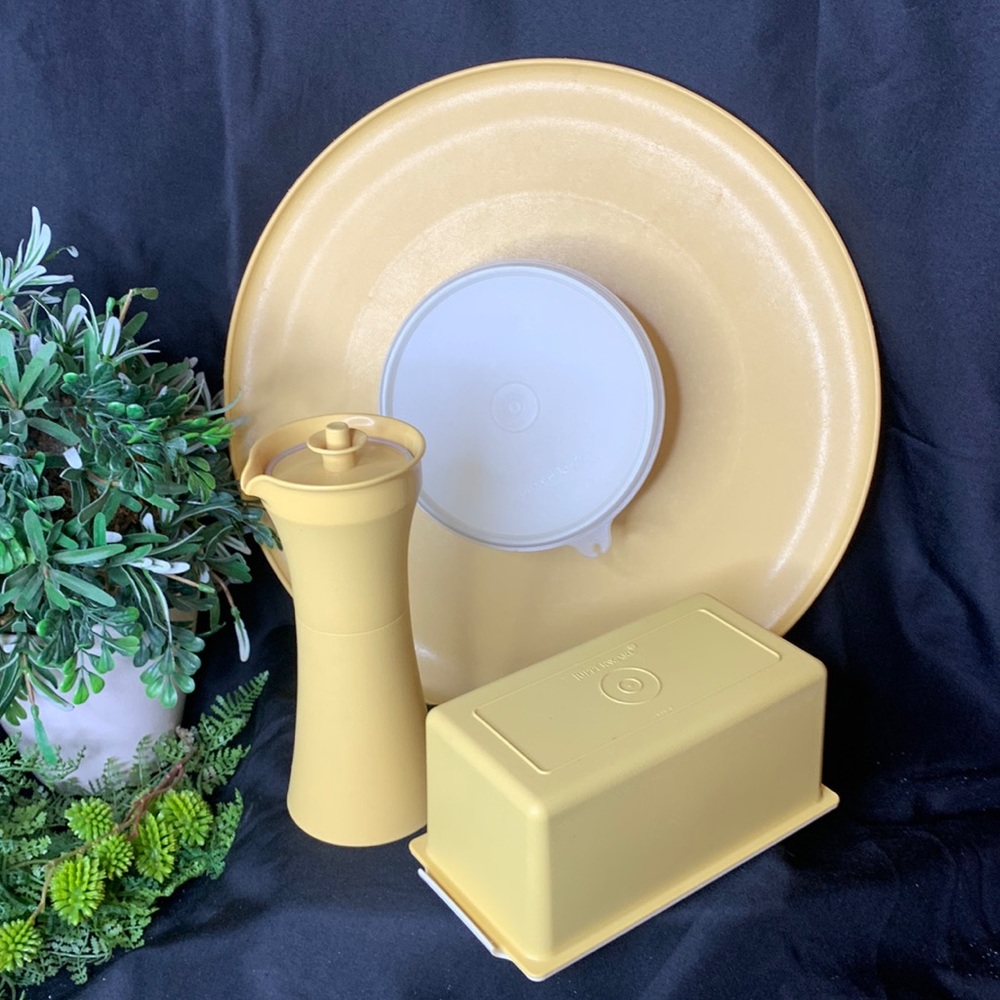 3 VTG harvest gold tupperware butter dish, dressing dispenser & chip dip tray